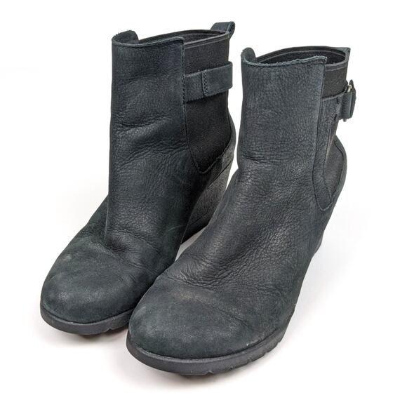 UGG Black Leather Indra Waterproof Wedge Booties Size 7 - Picture 2 of 10
